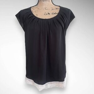 LC LAUREN CONRAD Black Short Sleeve White Lace Trim Blouse With Back Tie Detail